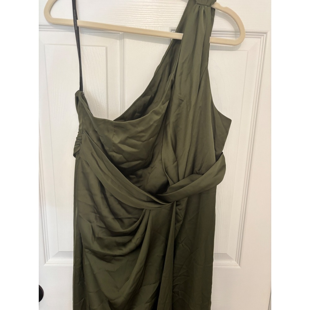 NWT Dessy One Shoulder Draped Twist Empire Waist Trumpet Gown Olive Green Sz 6 - Picture 4 of 7